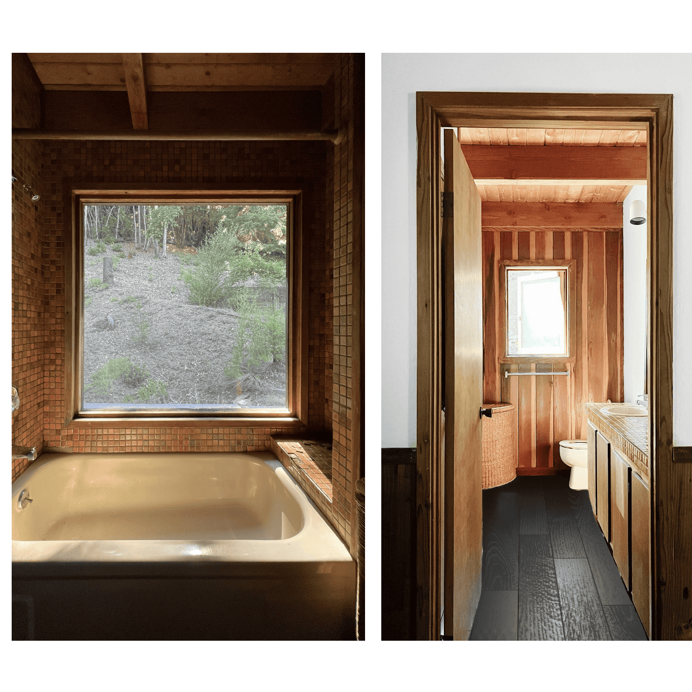 Bathtub and bathroom with wood accents.